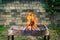 Firewood is burning in the brazier, picnic preparation