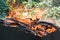 Firewood burns out in the grill for charcoal for a barbecue in nature