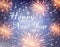 Firework background for celebration and text inscription Happy New Year, blue sky with stars