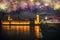 Firework over Big Ben at night with the lights of the cars in London city