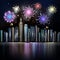 Firework over night city with reflection in river. Vector town w