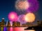 firework over the sea, cityscape, fireworks, holiday celebration background, AI generated