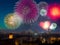firework over the sea, cityscape, fireworks, holiday celebration background, AI generated