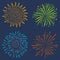 Firework set. Collection of festive bursting, celebration explosion, anniversary salute isolated on dark background. Vector.