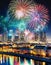 Fireworks above city, water reflections