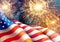 Fireworks background for 4th of July Independense Day with american flag. Vector illustration