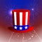 Fireworks background with American uncle sam hat and fireworks on dark sky.