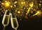 Fireworks and champagne glasses. Sparkling wine and new year golden firework with bokeh effect, congratulatory toast