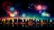 Fireworks city panoramic background with colorful reflections in water