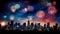 Fireworks city panoramic background with colorful reflections in water