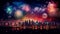 Fireworks city panoramic background with colorful reflections in water