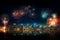 Fireworks city panoramic background with colorful reflections in water