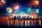 Fireworks city panoramic background with colorful reflections in water