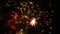 Fireworks display aerial black background exploding in night sky view. Fly over magic festive colorful fireworks top from above vi