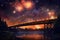 fireworks display over a bridge or landmark at night