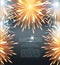 Fireworks explosions frame orange on a greeting card to the Happy New Year