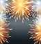 Fireworks explosions frame orange on a greeting card to the Happy New Year blank