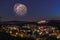 Fireworks in Koenigstein, Taunus, Germany. View over the city with the ruins of the castle in the sunset
