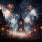 Fireworks launches over city buildings at night. New Year\\\'s fun and festivities