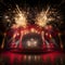 Fireworks launches over the red stage. New Year\\\'s fun and festiv