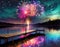 Fireworks over a lake with a pier. AI generated
