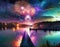 Fireworks over a lake with a pier. AI generated