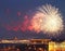 Fireworks over Neva river scape. Saint Petersburg, Russia