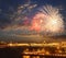 Fireworks over Neva river scape. Saint Petersburg, Russia