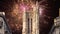 fireworks over the Saint-Jacques Tower (Tour Saint-Jacques). Paris, France.