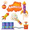 Fireworks pyrotechnics rocket and flapper birthday party gift celebrate vector illustration festival tools