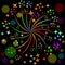 Fireworks, pyrotechnics rosette motif with multicolored stars on black background with blurry lights. Decoration for celebration,