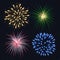 Fireworks realistic. Fire explosion burst bang ball in night sparkle flame vector birthday template