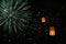 Fireworks and Sky lanterns in Yi-Peng Loy Krathong festival , Chiang Mai ,Thailand