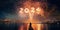 fireworks spelling 2024 in the night sky, colorful new year sparkles number 2024 written, view form a lake or sea shore dock,