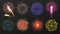 Fireworks. Various multicolored firework explosions with shining sparks. Christmas pyrotechnic show elements. Realistic