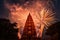 Fireworks at Wat Phra Mahathat Woramahawihan, Ayutthaya, Thailand, fireworks above a Hindu temple during Diwali or Deepavali, AI