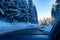 Firs Covered by the Snow in Apls Mountains in the North of Italy in Winter taken by the inside of a Car