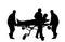 First aid crew help injured person after accident vector silhouette. Paramedics evacuate man by hospital stretcher trolley. Doctor