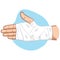 First aid illustration of hands with bandage bandage on the palm and wrist area, caucasian