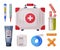 First Aid Kit Box with Medical Equipment and Medications for Emergency Service, Hospital and Medical Diagnostic Flat