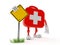 First aid kit character with blank road sign