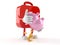 First aid kit character holding piggy bank