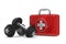 First aid kit and dumbbells on white background. Isolated 3D ill