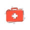 First aid kit icon in comic style. Health, help and medical diagnostics vector cartoon illustration on white isolated background.