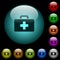 First aid kit icons in color illuminated glass buttons