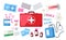 First aid kit. Medical emergency bag with medicine and tools, doctor pharmacy red chest bandage plaster syringe pill, urgency