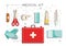 First-aid kit with necessary contents - medical equipment for emergency help set.