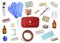First aid kit. Set with different medical supplies on white background
