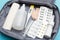 First aid kit with a set of medicines and tablets for first aid and illness. Necessary and important tablets at home and