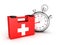 First aid kit with stopwatch on white background